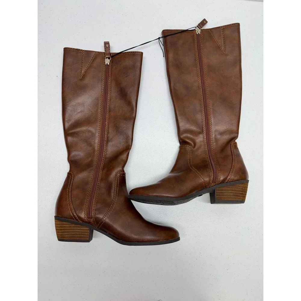 Dr Scholls Brilliance Boots Women 6M Brown Knee High Riding Side Zip Block Heel